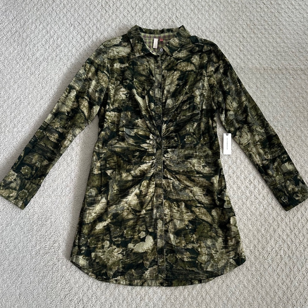 Anthropologie Pilcro Ruched Corduroy Shirt Dress Green 16 NWT Fall Winter Casual